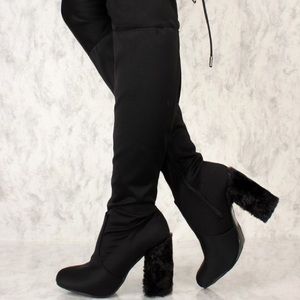 Thigh High Black Lycra Faux Fur Chunky Heel Boots